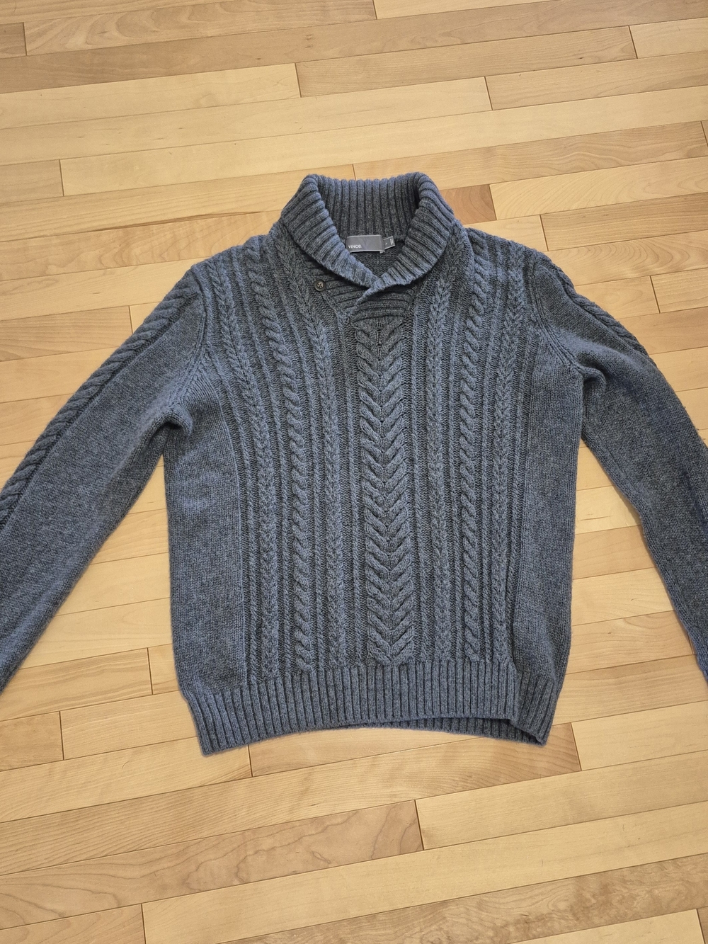 Vince Gray Wool Cable-Knit Shawl Collar  Sweater